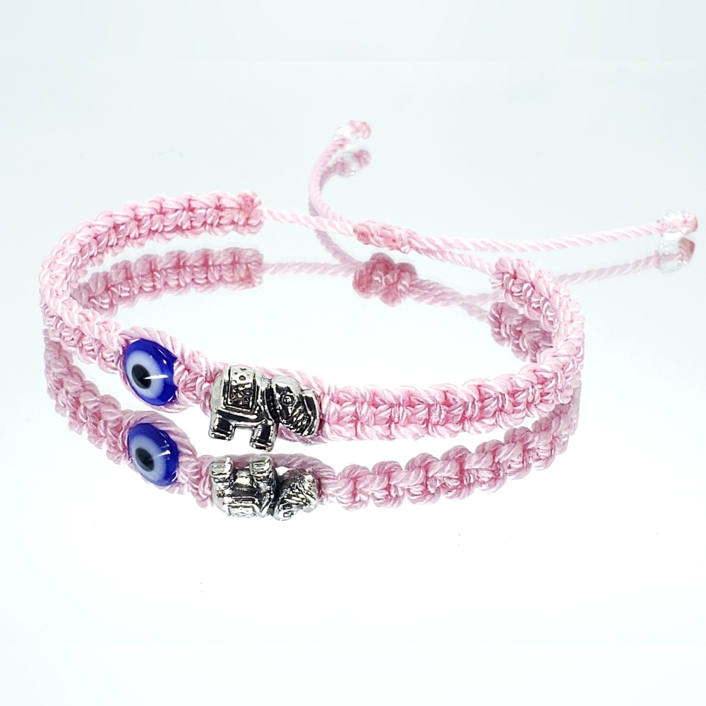 Evil eye amulet bracelet, good luck pink string elephant wristband, evileye